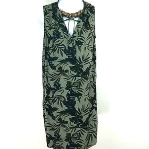 Old Navy Sundress Palm Leaf print shirt Style v-neck olive green midi EUC XS